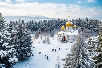 Orthodox Church in a Snowy Forest with Visitors