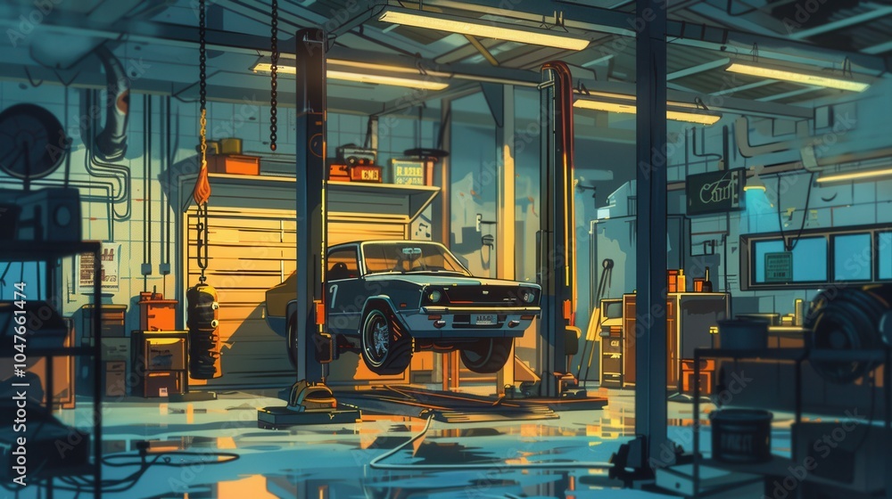 Poster A mechanic is focused on servicing a classic car positioned on a hoist, surrounded by tools and equipment in a busy garage. Generative AI
