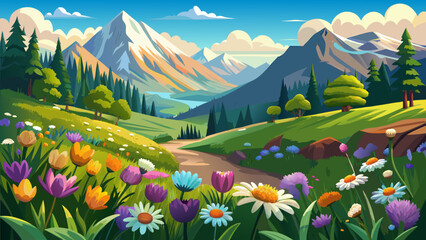 Fototapeta premium A vibrant spring landscape showcasing colorful flowers in a valley surrounded by majestic mountains and a clear blue sky