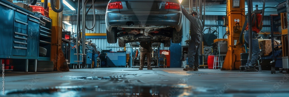 Aufkleber A mechanic works diligently under a vehicle elevated on a hoist, surrounded by tools and workshop equipment in an active garage. Generative AI