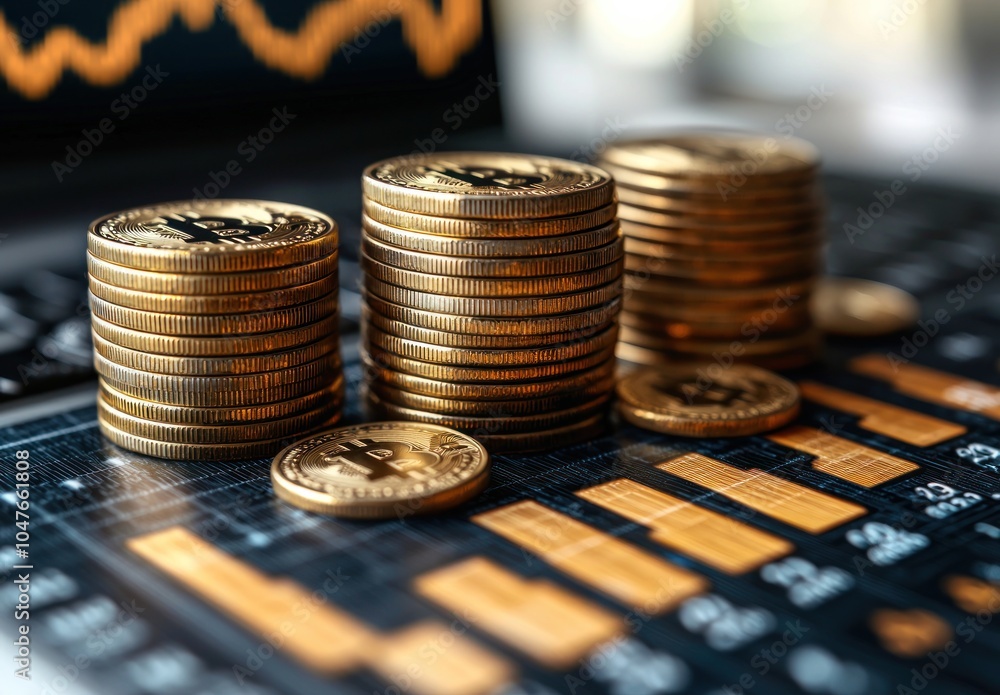 Aufkleber Stacks of Bitcoin Cryptocurrency Coins on a Chart