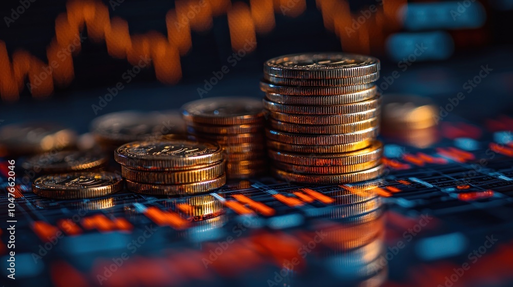 Poster stacks of coins on a stock market chart display