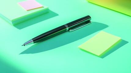 Collection of basic office tools with a pen highlighter and sticky notes on a bright simple background