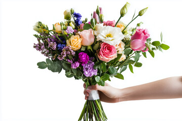 A vibrant and colorful bouquet of flowers in hand on white background. for weddings, special events,