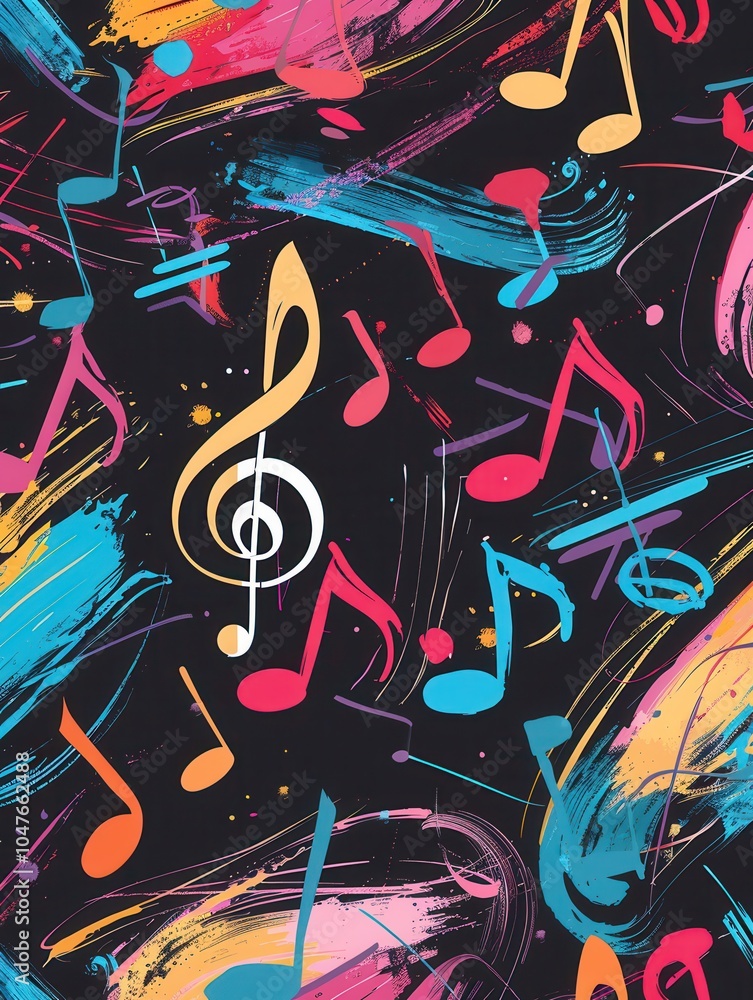 Fototapete Bright brushstrokes in various colors merge with musical notes on a chalkboard, creating a lively atmosphere ideal for artistic expression. Generative AI