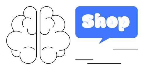 Black outline of a brain next to a blue speech bubble with the word Shop. Ideal for marketing business online shopping consumer behavior e-commerce and advertising themes. Simple vector style