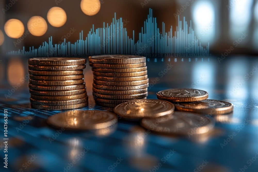 Aufkleber stacks of gold coins with bar chart in the background