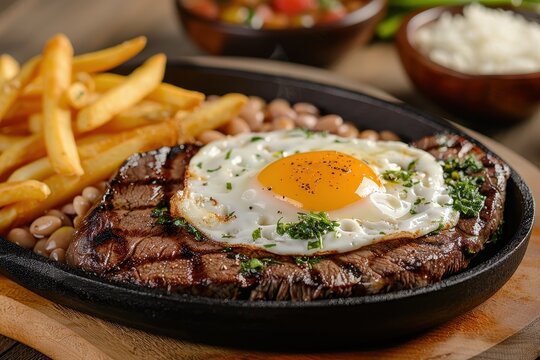 A serving of bife a cavalo, a grilled steak topped with a fried egg, served with rice, beans, and French fries. 