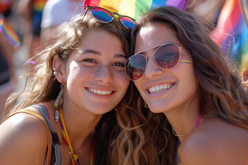 LGBTQ event, people walking down city streets draped in flags