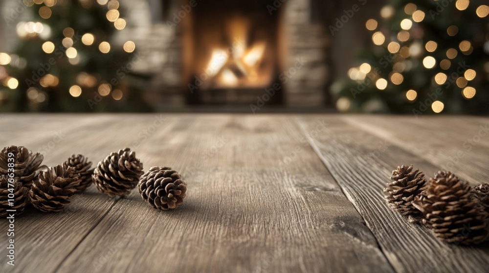 Poster A rustic wooden table is adorned with pine cones, while the warm glow of a fireplace illuminates the background. Christmas trees in soft focus add a festive touch to the cozy atmosphere.