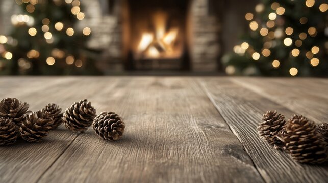 A rustic wooden table is adorned with pine cones, while the warm glow of a fireplace illuminates the background. Christmas trees in soft focus add a festive touch to the cozy atmosphere.