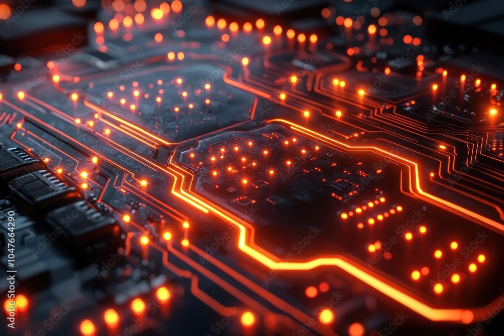 Poster Close-up of a glowing circuit board with orange lines and lights.