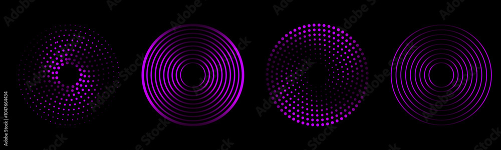Poster sound pulsation circles set. vector illustration of purple radio waves isolated on black background.