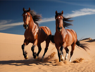 Horse herd run in desert sand storm against dramatic sky
