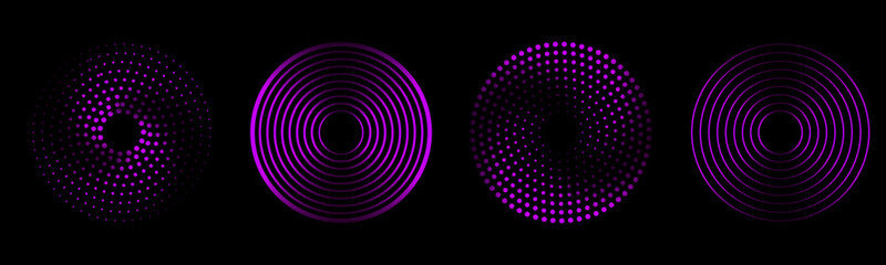 Sound pulsation circles set. Vector illustration of purple radio waves isolated on black background. 