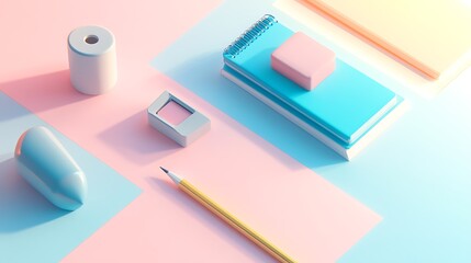 Basic office essentials including a pencil sharpener notepad and eraser highlighted on a soft-colored background