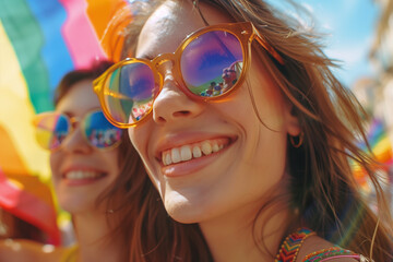 LGBTQ event, people walking down city streets draped in flags