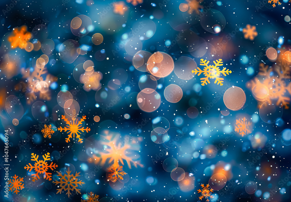 Poster blue background with snowflakes and a yellow snowflake. the snowflakes are scattered throughout the 
