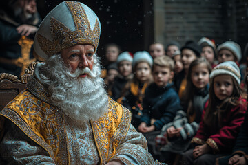 A community theater performing a play about the story of St. Nicholas, symbolizing the cultural storytelling of the holiday. Concept of holiday plays.