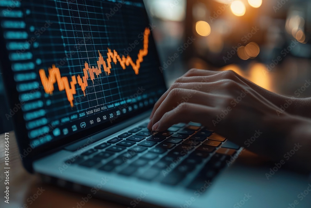 Poster A Person's Hand Typing on a Laptop with a Stock Market Graph Displayed on the Screen