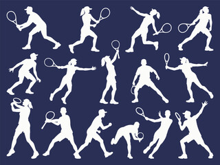 White silhouettes of tennis players in various action poses against a dark blue background