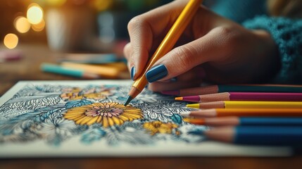 A Woman's Hand Coloring a Detailed Floral Design with a Yellow Pencil