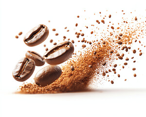 Coffee beans and ground coffee isolated on a white background.