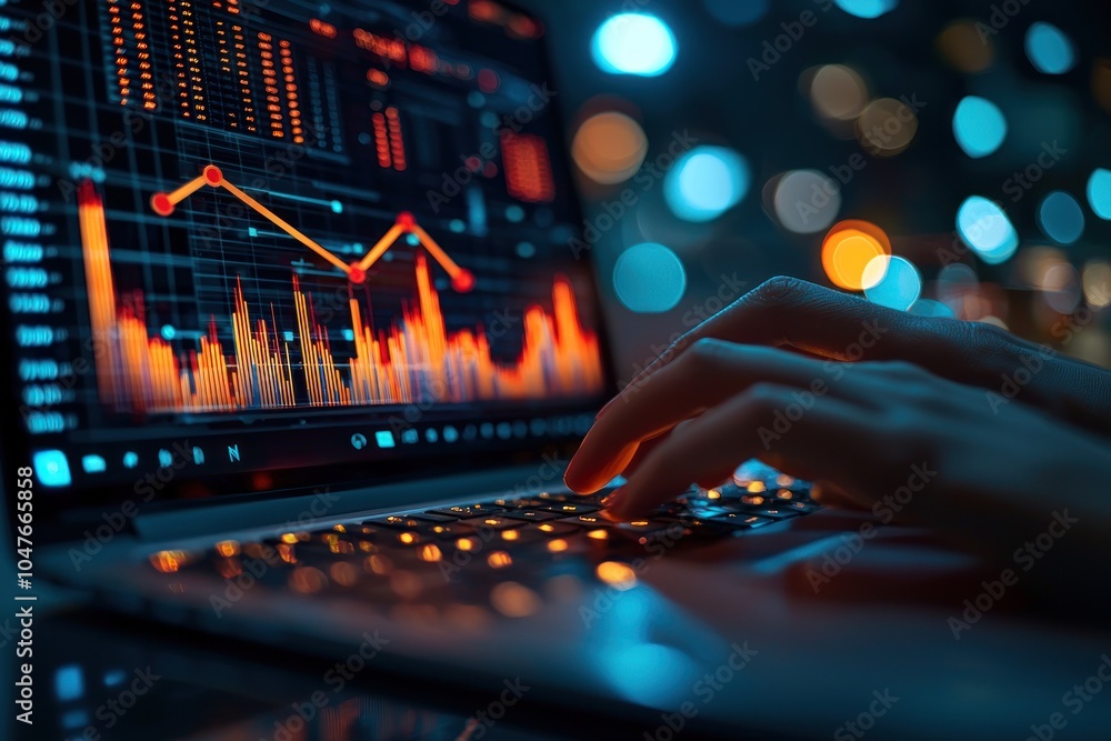 Poster a hand typing on a laptop with a stock market graph on screen