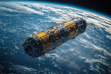 Fototapeta premium A cargo ship delivering supplies to the International Space Station, representing the logistics of supporting life in space. Concept of space logistics.