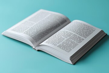 Open Book with Black Text on White Pages Against a Blue Background
