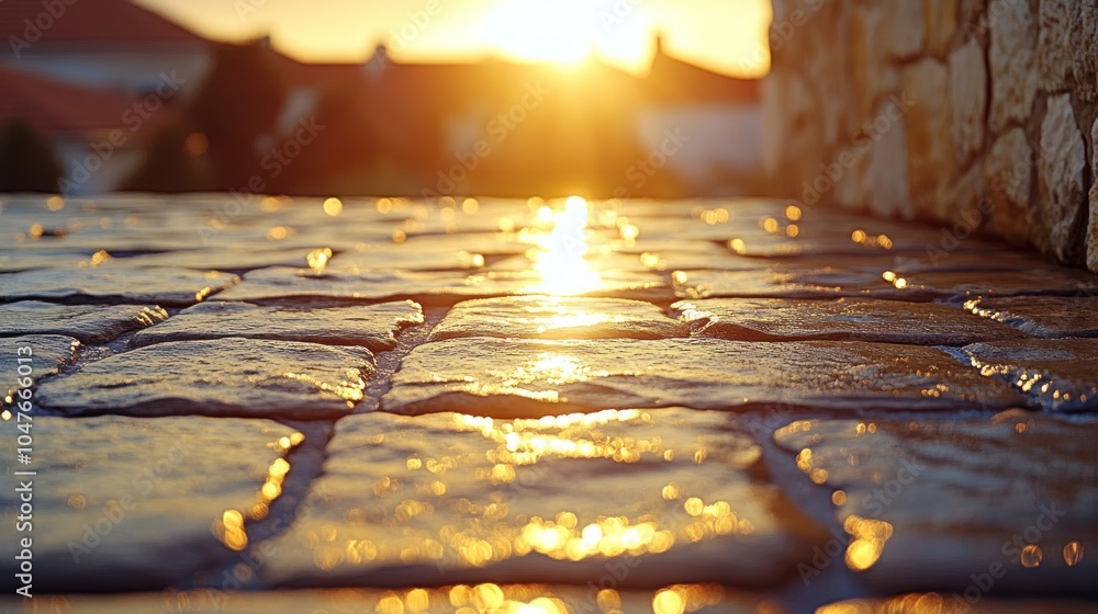 Poster close-up of a cobblestone path reflecting the golden light of a sunset.