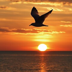 Fototapeta premium A lone seagull flying gracefully in front of a brilliant ocean sunset, symbolizing freedom and limitless possibilities.