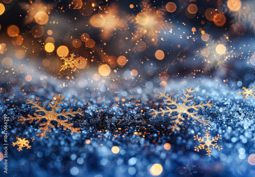 Poster blue background with snowflakes and a yellow snowflake. the snowflakes are scattered throughout the 
