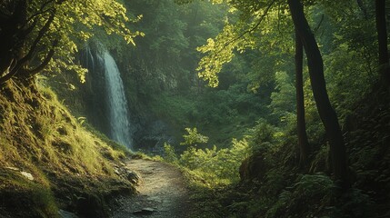 A trail through a national park, leading hikers to a stunning waterfall hidden deep in the forest.