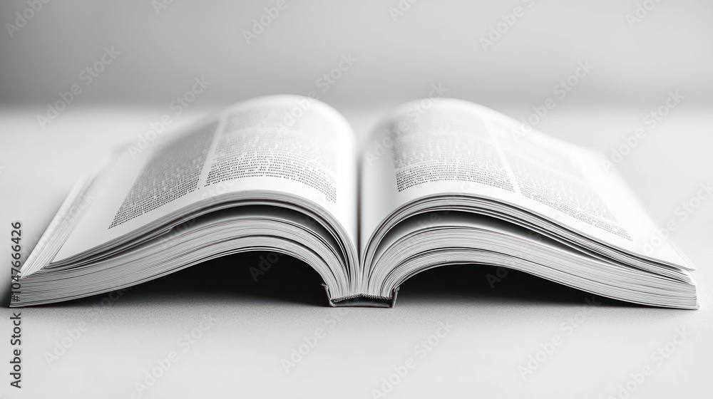 Poster open book with text and white pages on a white surface