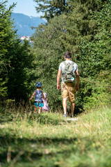 Papa mit Kinder geht am Waldrand entlang, 2-jährige kinder, papa mit Zwillinge,