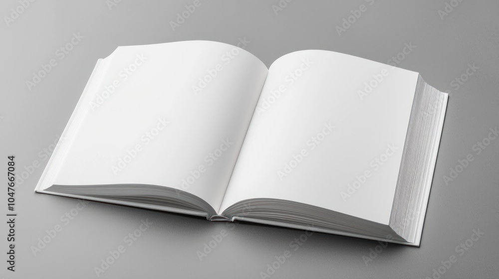Poster an open blank book with white pages lying flat on a gray surface