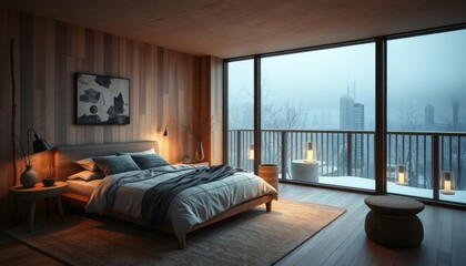 Fototapeta premium Serene modern bedroom with city view