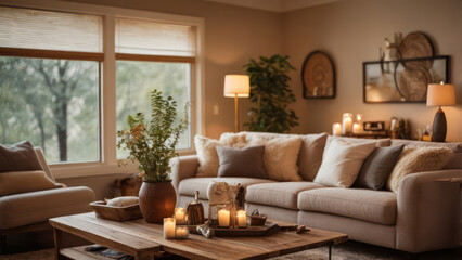 Fototapeta premium Warm and inviting living room with cozy furnishings and soft lighting.