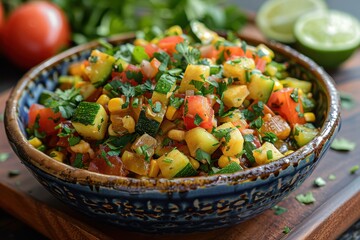 A serving of calabacitas, a vegetable medley with zucchini, corn, tomatoes, and cheese, garnished with fresh cilantro