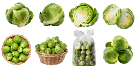 Brussels Sprouts, vegetable greens plant leaves, many angles view side top front basket sliced halved bundled isolated on transparent background cutout, PNG file. Mockup template for design