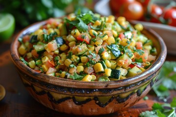 A serving of calabacitas, a vegetable medley with zucchini, corn, tomatoes, and cheese, garnished with fresh cilantro