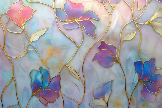 shimmering floral artwork in art nouveau style with pastel tones and golden accents for decorative backgrounds