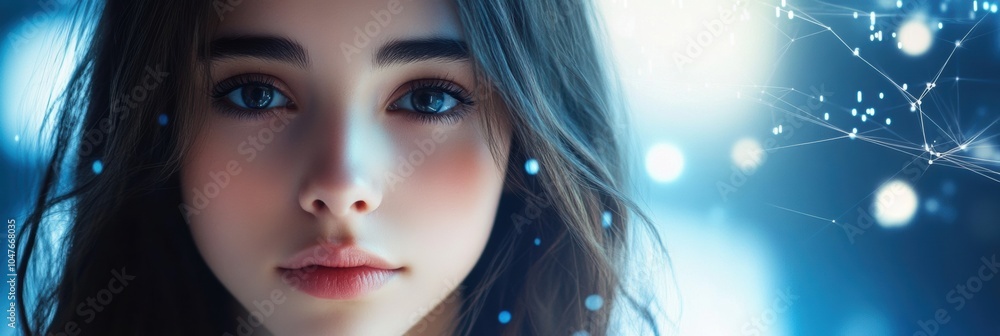 Poster a beautiful young woman captivates with her expression, surrounded by an intricate backdrop of flowi
