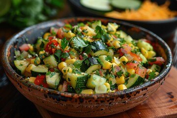 A serving of calabacitas, a vegetable medley with zucchini, corn, tomatoes, and cheese, garnished with fresh cilantro