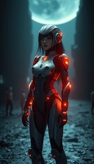 Fototapeta premium Futuristic cybernetic warrior under moonlight