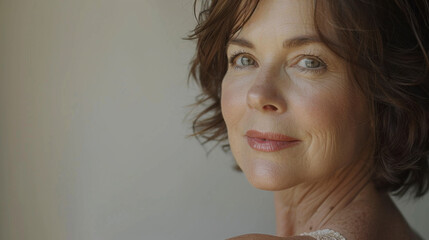 gros plan, bras et épaule d'une femme d'âge moyen, prise de vue esthétique, haute qualité, fond blanc, lumière du studio, moderne, texture de peau impeccable, éclatante, avec son menton sur l'épaule, 