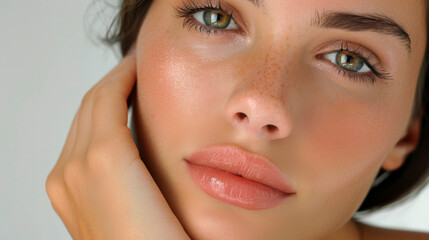 Obraz premium gros plan, bras et épaule d'une femme d'âge moyen, prise de vue esthétique, haute qualité, fond blanc, lumière du studio, moderne, texture de peau impeccable, éclatante, avec son menton sur l'épaule, 