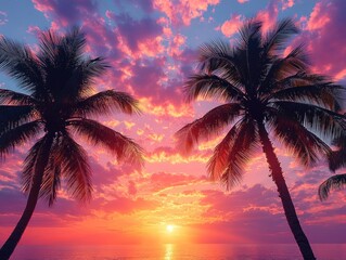 Two Palm Trees Silhouetted Against a Vibrant Sunset Over the Ocean