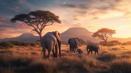 Obraz premium Elephants walk gracefully across the savanna, silhouetted by a vibrant sunset with silhouettes of mountains in the background. Generative AI